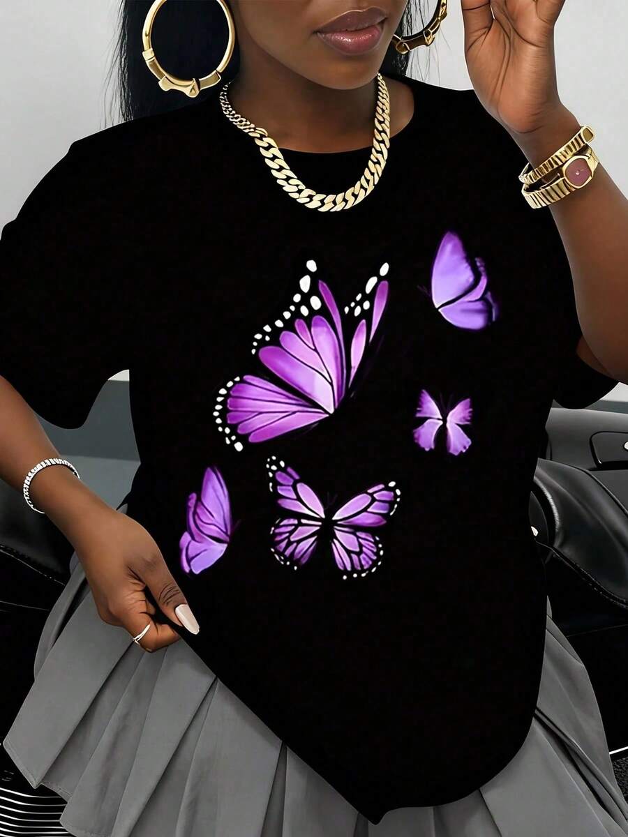 Camiseta Blanca con Estampado Floral Azul para Mujer, Top Casual de Manga Corta, Camiseta Gráfica de Moda de Verano para Uso Diario e Ideas de Regalo - Negro - Ver 1