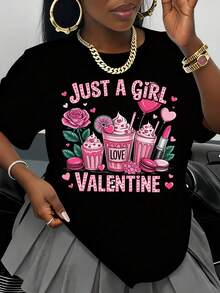 Just A Girl Who Loves Pink Valentine's Day Cupcake And Lipstick Design T-Shirt For Women, Valentine's Day Gift, Artistic Fashion Garment - 黑色 - 查看 1