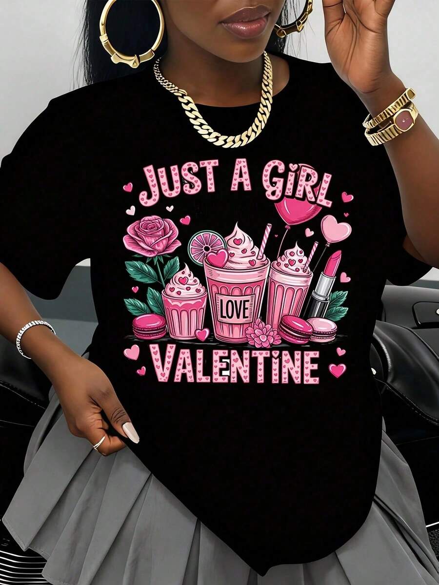 Just A Girl Who Loves Pink Valentine's Day Cupcake And Lipstick Design T-Shirt For Women, Valentine's Day Gift, Artistic Fashion Garment - 黑色 - 查看 1