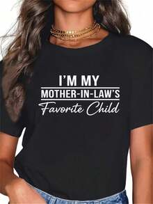 I'm My Mom's Favorite Child, Funny Family Humor, 1 Piece, Women's Plus Size T-Shirt, 220g Short Sleeve Graphic Tee, Novelty, 100% Polyester T-Shirt, To - 黑色 - 查看 1