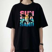 Sun Sea Sand Print Crew Neck T Shirts Oversized Short Sleeve Casual Tops For Vacation Outfits Women Plus Size Women Clothes Summer Casual Wear Y2k Clothes Women T Shirts For Men And Women - 黑色 - 查看 1