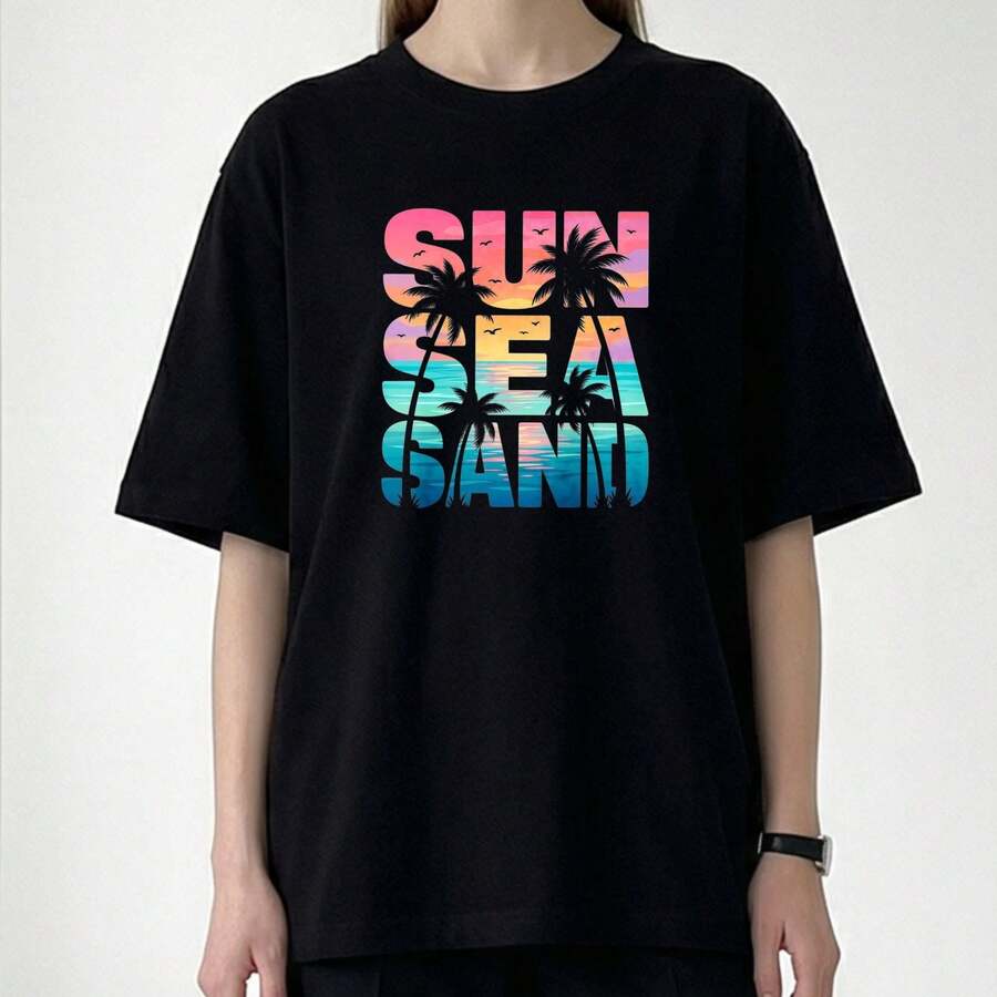 Sun Sea Sand Print Crew Neck T Shirts Oversized Short Sleeve Casual Tops For Vacation Outfits Women Plus Size Women Clothes Summer Casual Wear Y2k Clothes Women T Shirts For Men And Women - 黑色 - 查看 1