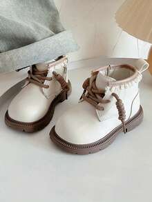 1 Pair 2026 New Beige Fashion Baby Lace Trim Ankle Boots Toddler Shoes Flat Side Zipper Winter New Leather Upper Boys Boots Girls Boots Baby Boots - Beige - View 2