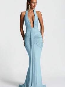 Vestido largo plisado cuello V profundo espalda descubierta ajustado sexy estilo europeo moda verano - Azul - Ver 5