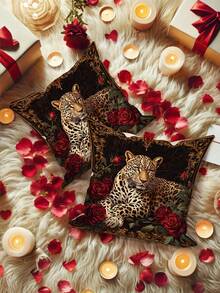 2pcs/Set Fundas de Cojín Vintage Francés con Estampado de Leopardo, Leopardo Perezoso Tumbado en Sofá con Plantas Verdes y Flores, Cojines Decorativos de Lujo Retro para Sala de Estar, Amigable con la Piel, Duradero, Lavable a Máquina, Rellenos de Cojín No Incluidos - Caqui - Ver 9