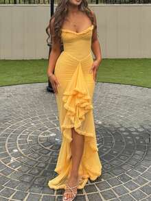 Vestido largo sin mangas con tirantes, estilo europeo alto nivel elegante moda verano ideal para mujer fiesta casual - Amarillo - Ver 1