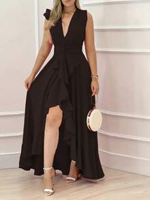 European American Summer Dresses, V-Neck, Sleeveless, Fitted, Long, Wide Skirt, Elegant, Casual, Perfect For Vacations And Parties, Women's Fashion - 黑色 - 查看 5