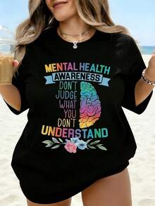 Camiseta de Concientización sobre Salud Mental: No Juzgues Lo Que No Entiendes, Diseño de Cerebro con Estampado Floral, Camiseta Blanca de Talla Grande para Mujer, Ropa Casual de Verano para - Negro - Ver 1