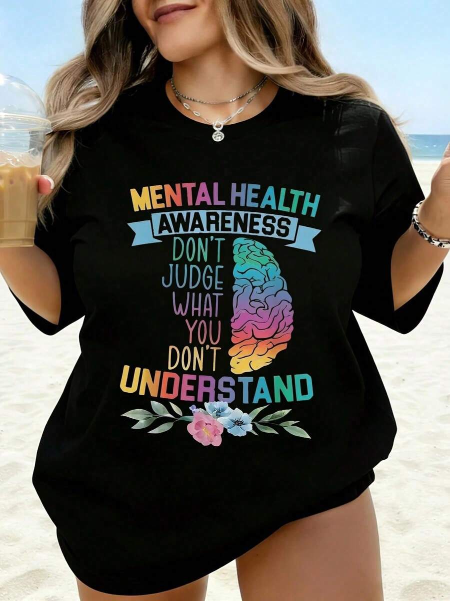 Camiseta de Concientización sobre Salud Mental: No Juzgues Lo Que No Entiendes, Diseño de Cerebro con Estampado Floral, Camiseta Blanca de Talla Grande para Mujer, Ropa Casual de Verano para - Negro - Ver 1