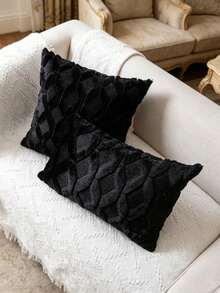 Miater 1pc Ins Solid Color 3D Rhombus Plush Throw Pillow, Living Room Sofa Jacquard Cushion, Bedroom Bay Window Soft Backrest Pillow, Geometric Pattern Plush Embroidered Pillow Cover - Black - View 2