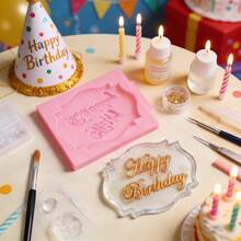 Creative Textured Happy Birthday Sign Mold, Suitable For Photography Decoration Props, Birthday Scene Decoration Props, Aromatherapy Candle Wax Props, Aromatherapy Candles, Polymer Clay Making, Soft Material, Easy Release, Reusable Silicone Resin Mold - Pink - View 4
