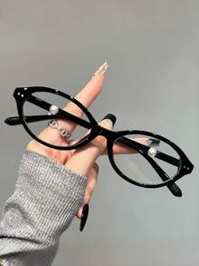 1 par de gafas de mujer con marco ovalado, perlas, de moda, elegantes, premium, con lentes transparentes, adecuadas para viajes, fiestas, uso diario, playa, vacaciones - Multicolor - Ver 3