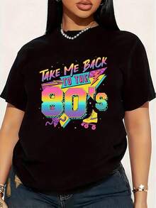 Camiseta de Mujer Talla Grande "Vuelta a los 80", 1 Pieza, Divertida, con Estampado Gráfico, Manga Corta, Novedosa, 100% Algodón, Cuello Redondo, Casual, 220g - Negro - Ver 1
