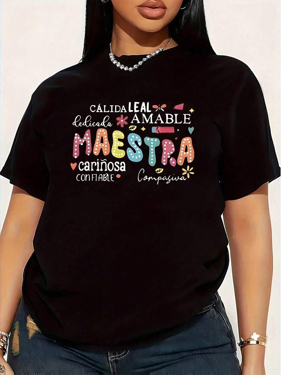 Women's Plus Size Casual Short Sleeve T-Shirt, 1 Piece, Funny Graphic Print T-Shirt, Novelty Short Sleeve T-Shirt, 100% Cotton, Casual Crew Neck T-Shirt - 黑色 - 查看 1