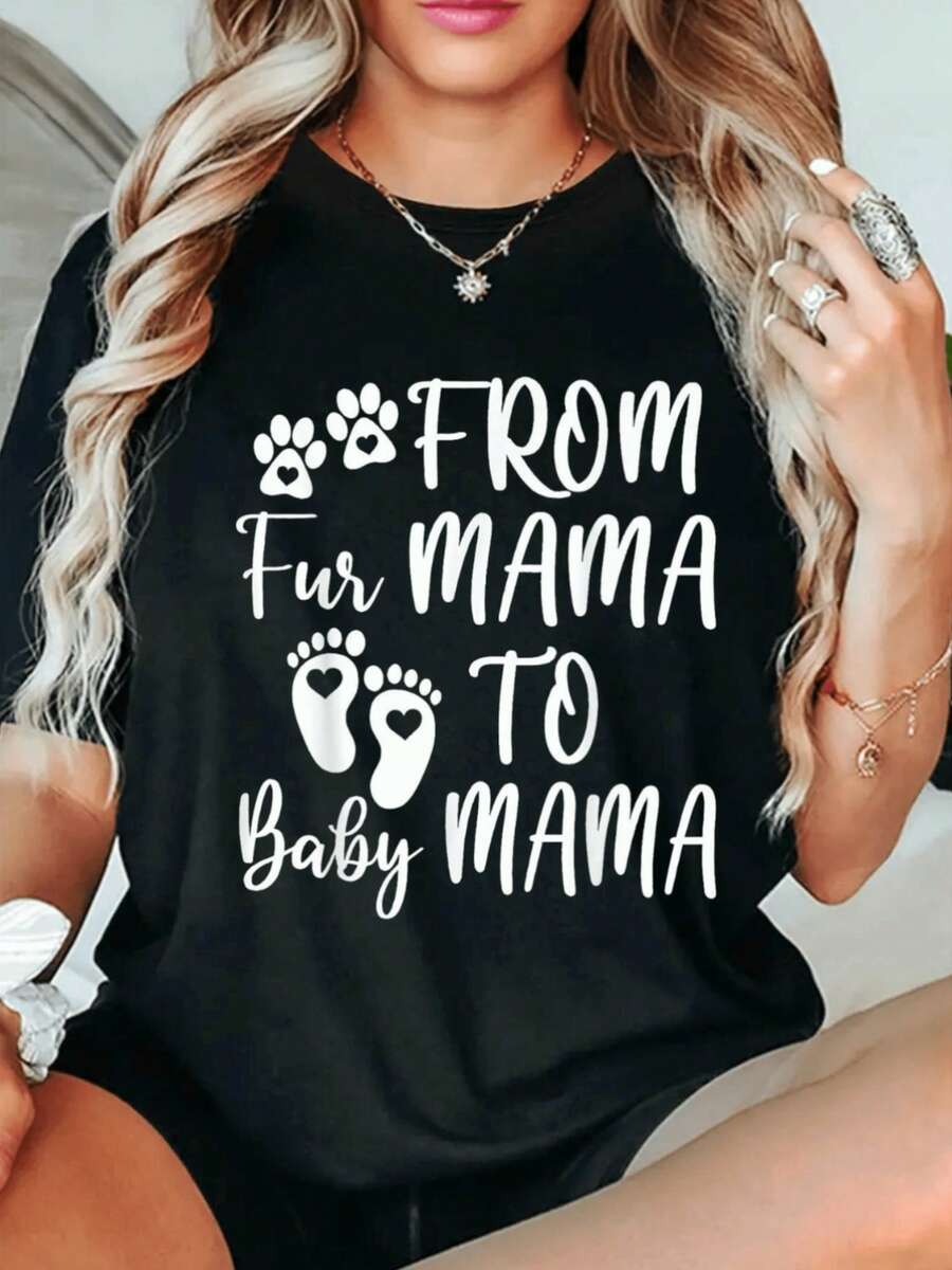 Camiseta con Estampado "FROM MAMA TO MAMA" - Elegante Camiseta Negra para Mujer - Camiseta Casual de Manga Corta y Corte Ajustado con Divertido Diseño de Huellas de Mascotas, Perfecta para A - negro - Ver 1