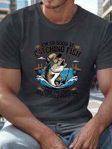 Camiseta de Verano para Hombre de Tallas Grandes - Diseño Divertido de Pez Clásico, Camiseta Casual de Manga Corta, Poliéster Transpirable, Lavable a Máquina, TALLA GRANDE - Negro - Ver 1