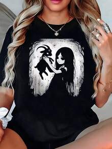 Women's Plain Black Loose Fit T-Shirt, Gothic Aesthetic T-Shirt With Goat And Girl Graphic In Forest Mystery,  Youthful And Alternative Tops, Pretty Elegant Blouses - 黑色 - 查看 1