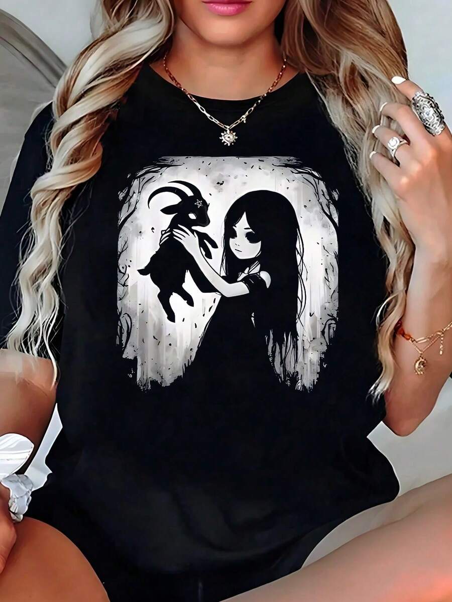 Women's Plain Black Loose Fit T-Shirt, Gothic Aesthetic T-Shirt With Goat And Girl Graphic In Forest Mystery, Youthful And Alternative Tops, Pretty Elegant Blouses - 黑色 - 查看 1