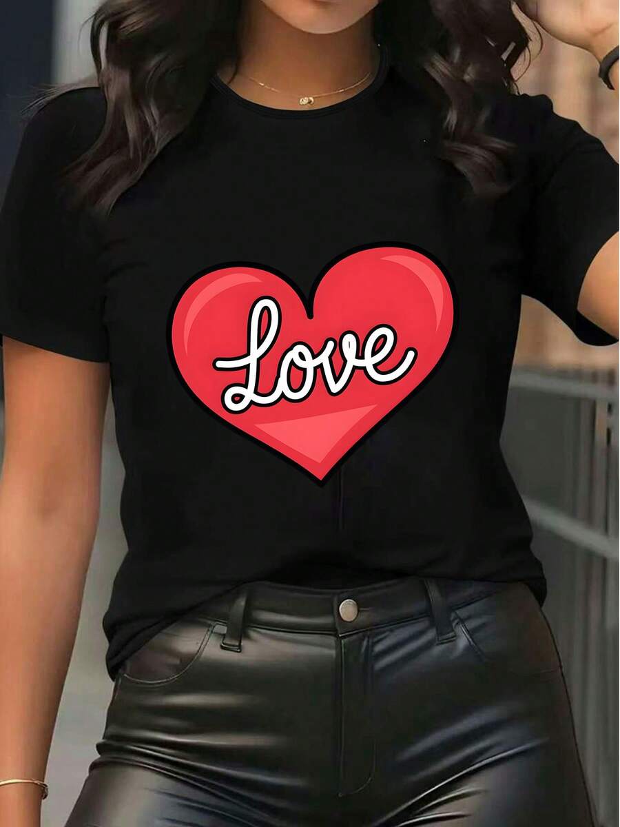Damen Kurzarm T-Shirt aus reiner Baumwolle, lässiges Rundhals-Top mit Love-Herz-Muster, lockere Passform, Sommeroberteil - Schwarz - Übersicht 1