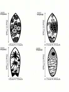 4er Set Metall Surfbrett Wanddekoration - Sommer Strand Schild, mit Schildkröten- und Palmenbaum-Design - Küsten Wandkunst, geeignet für Türdekoration und Heimdekoration, Heimdekoration, Raumdekoration, Wanddekoration - Schwarz - Übersicht 10