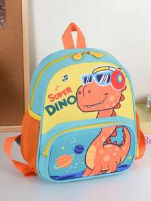 1pc Lightweight Contrast Color Dinosaur Print Cute Backpack Casual Student Backpack - Green - View 3