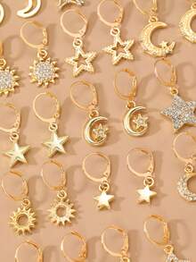 6pcs/Set Girls Rhinestone Star & Moon Pendant Earrings Set, Suitable For Daily Decoration - Gold - View 2