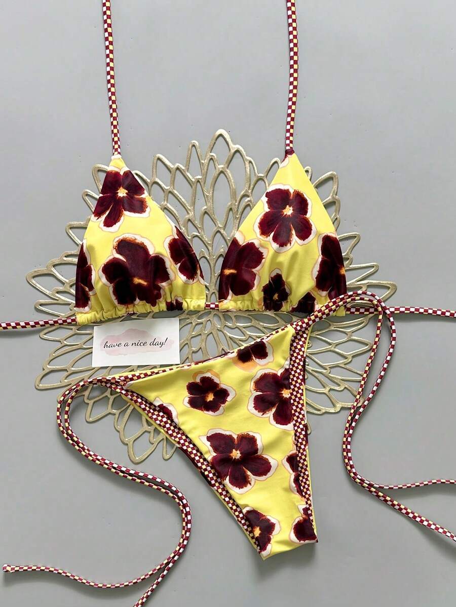 2-Piece Bikini With Retro Floral Print, Color Block And Plaid, Suitable For The Beach, Pool, Cruises And Parties During Spring And Summer Holidays - Yellow Purple - View 1