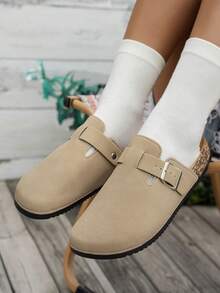 Sandal Wanita Datar Hitam yang Modis & Nyaman, Gesper yang Dapat Diatur, Desain Slip-On, Cocok untuk Pakaian Kasual Sepanjang Musim di Dalam & Luar Ruangan - Aprikot - View 5
