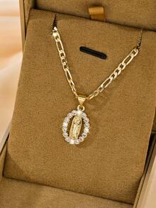 1PC Vintage Religious Style Women's Necklace, Virgin Mary Carving With Delicate Lines, Rich Vintage Charm. 50cm Smooth Figaro Chain Fits Neck Comfortably, Elegant And Sacred Elegant, Suitable For Daily Wear And Religious Worship, Combining Decorative And Commemorative Significance - Yellow Gold - View 2
