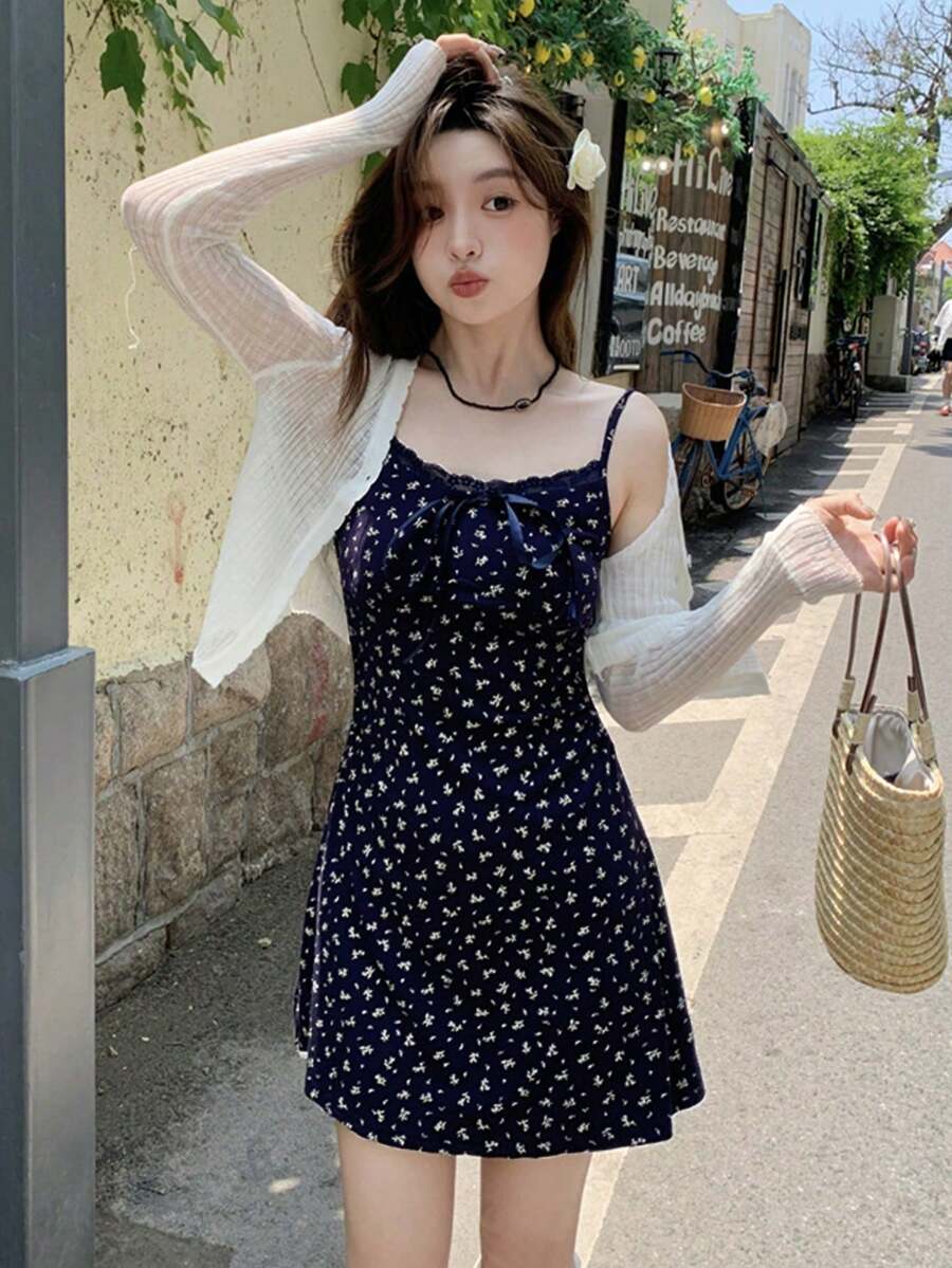 Design Bow Lace Patchwork Floral Romantic Camisole Dress Elegant Summer