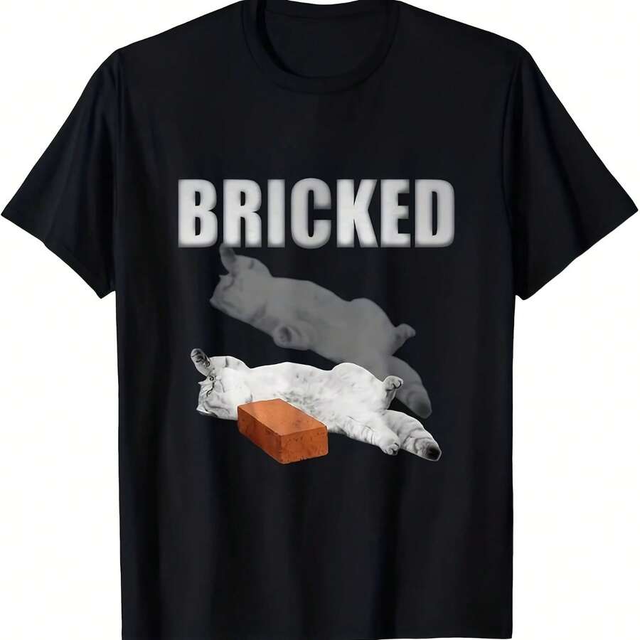 Short-Sleeved Cotton T-Shirt With Brick Cat Design, Relaxed Style, The Most Popular, Funny, Internet Meme Design. - Multicolor - View 1