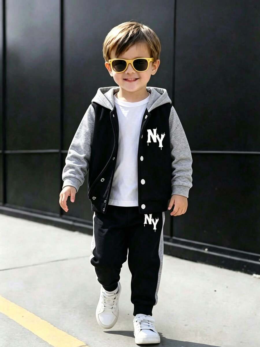 Young Boy Letter Print Contrast Color Long Sleeve Single-Breasted Hooded Jacket And Pants Casual Set - Black - View 1