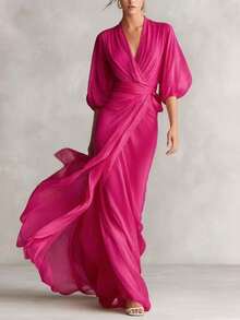 Long Dress With Deep V-Neck, Lantern Sleeves, Fitted, Ladylike Style, Autumn Party - 玫紅色 - 查看 1