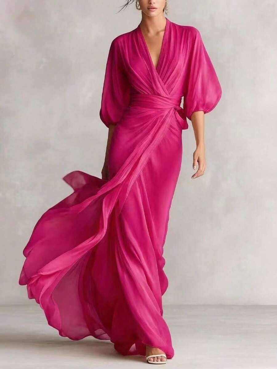 Long Dress With Deep V-Neck, Lantern Sleeves, Fitted, Ladylike Style, Autumn Party - 玫紅色 - 查看 1
