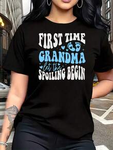 Women's Plus Size T-Shirt "First Time Grandma", 1 Piece, Funny, Graphic Print, Short Sleeve, Novelty, 100% Cotton, Casual Crew Neck, 220g - 黑色 - 查看 1