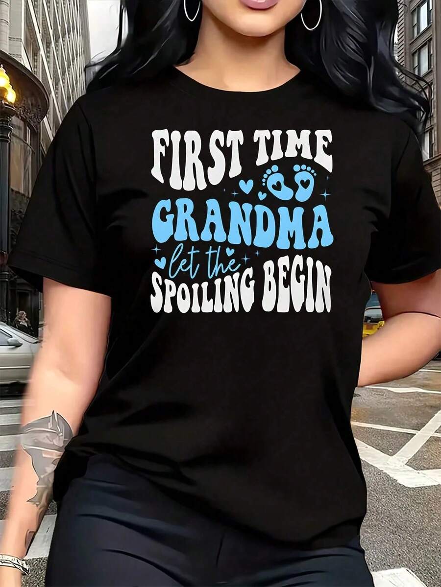 Women's Plus Size T-Shirt "First Time Grandma", 1 Piece, Funny, Graphic Print, Short Sleeve, Novelty, 100% Cotton, Casual Crew Neck, 220g - 黑色 - 查看 1
