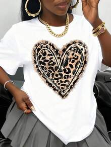 Camiseta Blanca con Estampado de Corazón de Leopardo para Mujer, Top Casual de Manga Corta, Camiseta de Moda para Uso Diario y Ocasiones Especiales, Perfecta para Regalos de San Valentín, Cu - Blanco - Ver 1