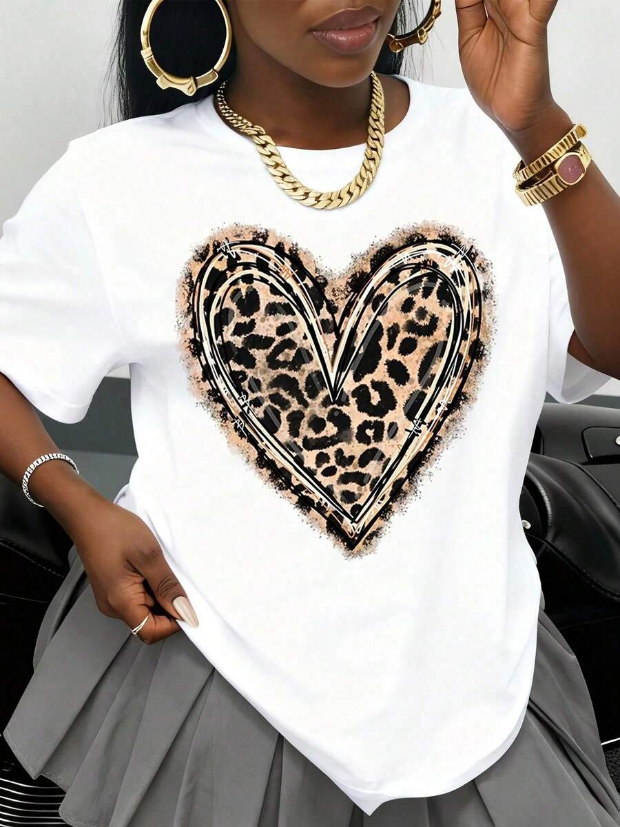 Camiseta Blanca con Estampado de Corazón de Leopardo para Mujer, Top Casual de Manga Corta, Camiseta de Moda para Uso Diario y Ocasiones Especiales, Perfecta para Regalos de San Valentín, Cu - Blanco - Ver 1