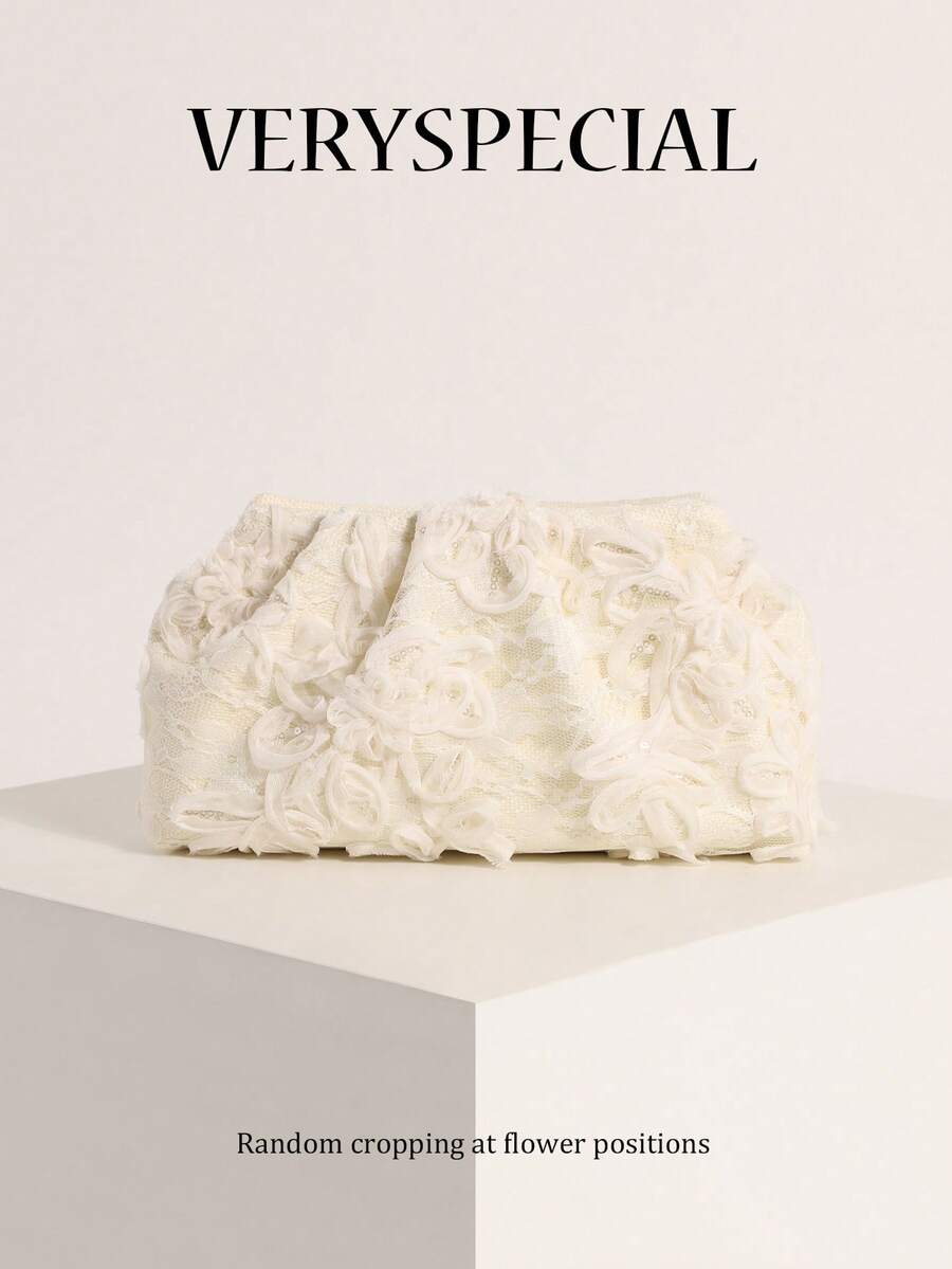 1pc Colorful PVC Sequin Floral Pattern Linen Base Mesh Embroidery Pleated Cloud Shape Fashion Shiny Evening Style Women's Clutch Bag For Casual Vacation Party (Floral Sequin Pattern Randomly Sent)