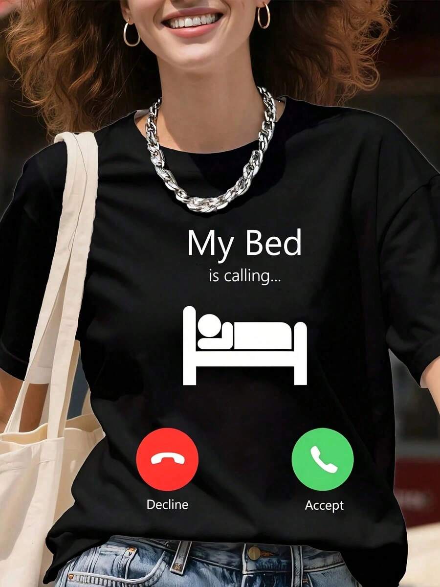 Mi Cama Me Está Llamando, Acepta o Rechaza, Camiseta Gráfica Divertida de Llamada Telefónica para Mujeres y Hombres, Unisex, Casual, Blanca, con Collar de Cadena y Bolsa de Mano, Moda Urbana - Negro - Ver 1
