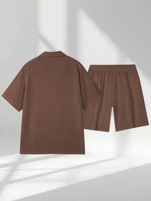 1 Set Men's Summer Waffle Casual POLO Set V-Neck Design Elastic Drawstring Waist Suitable For Beach Vacation And Home Wear Two Pieces - Brown - View 5