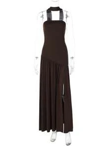 Women's Elegant Fashion Party Dress, Fitted Plain, Open Back, Floating Ribbon, European Style, New - Kopi - View 4