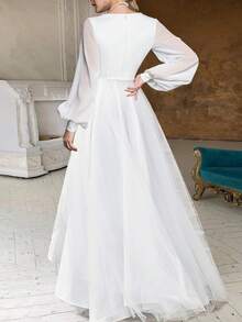 Women's Long Dress With V-Neck, Plain Long Sleeves, Fitted Waist, Elegant European-American Style, Ideal For Parties Or Everyday Wear, New Fashion. - 白色 - 查看 4