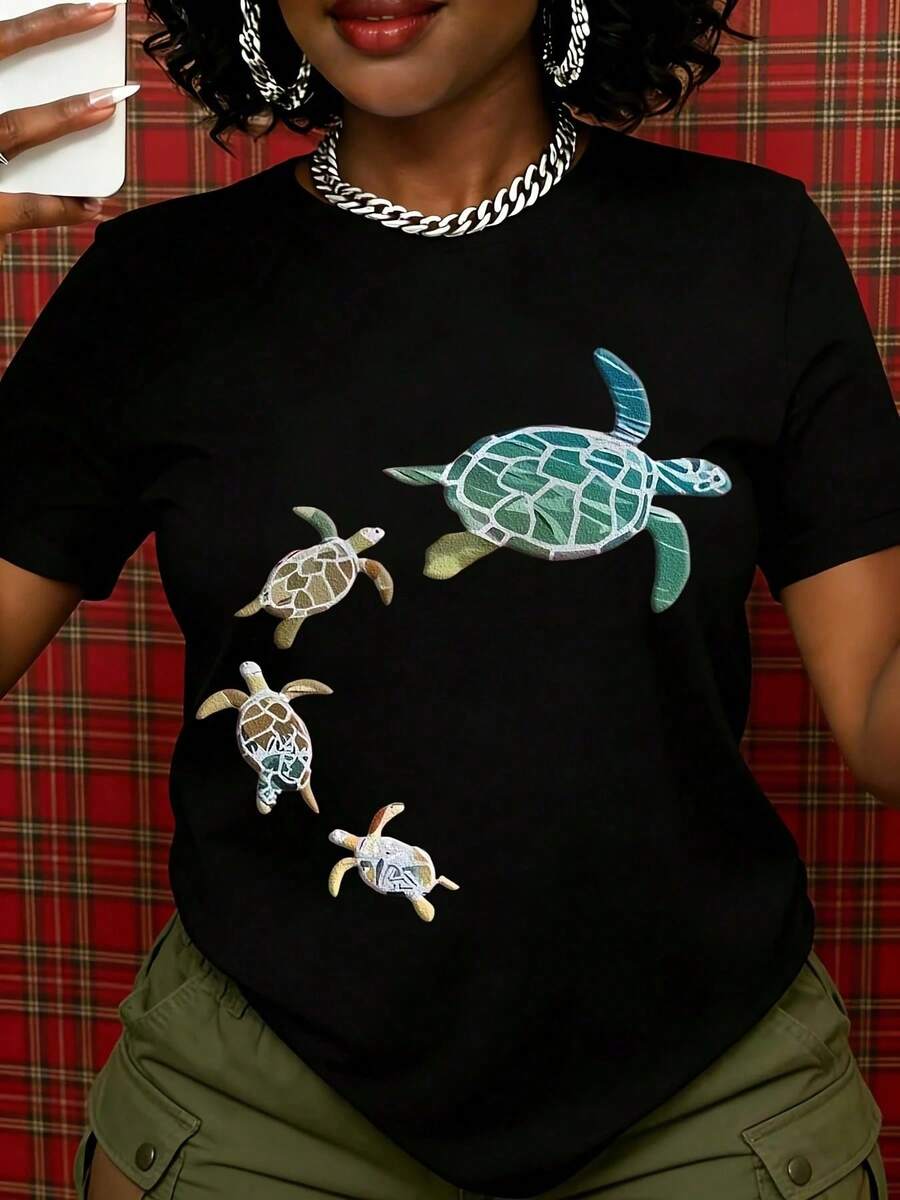 Women's White T-Shirt With Sea Turtle Family Print, Casual Summer Top, Nature-Inspired Design T-Shirt For Beach Holidays And Everyday Wear - 黑色 - 查看 1