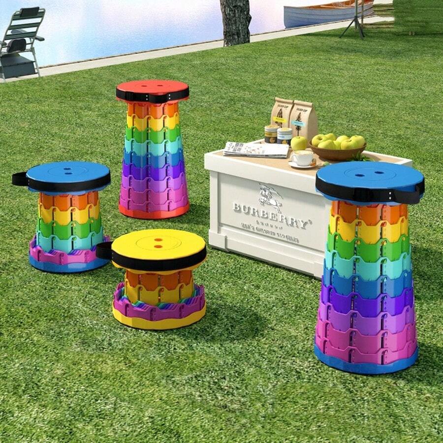 1pc Rainbow Telescopic Stool, Portable Plastic Folding Stool, Adjustable Height, For Outdoor, Train Queue, Fishing - Multicolor - View 1