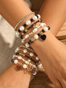 5pcs Elegant Vintage Fashion ABS Faux Pearl Oil Drop Heart Pendant Rhinestone Faux Crystal Beaded Bracelet Set For Women, Suitable For Daily Commute, Party, Beach Vacation Wear - Heart-shaped Pearl Bracelet Set - View 3