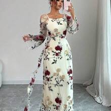Vestido elegante con cuello cuadrado y transparente, con bordado floral, adecuado para reuniones y ocasiones formales, ropa de resort para primavera/verano (bordado aleatorio) - azul real - Ver 7