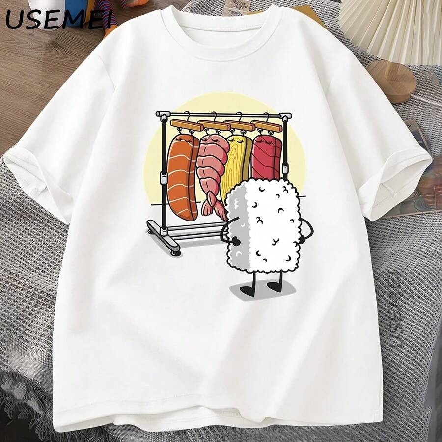Sushi Wardrobe T-Shirt For Men And Women, High-Quality Funny T-Shirt, Cotton Graphic Tees, Loose-Fitting Short-Sleeve Printed T-Shirt, Men's T-Shirts - 彩色 - 查看 1