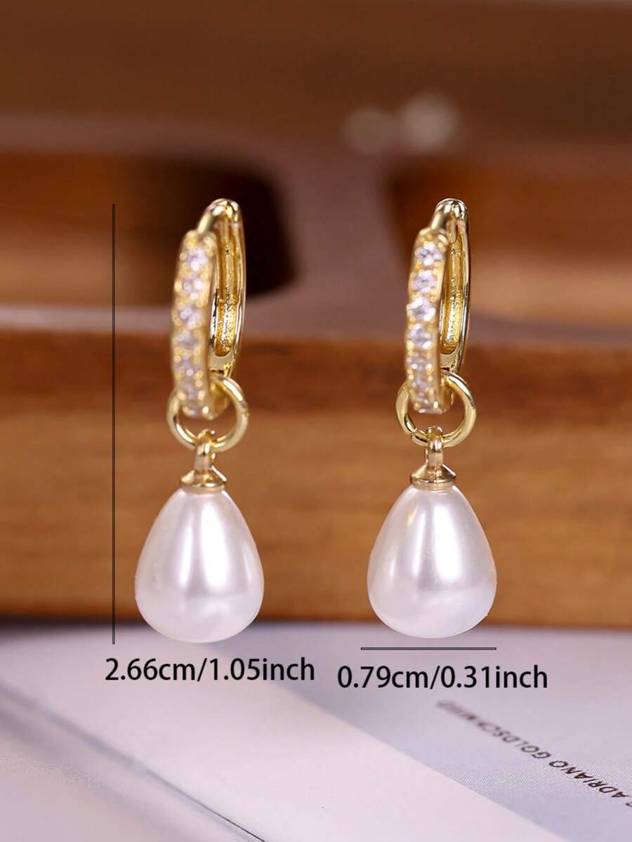 1 Pair Teardrop Pearl Drop Earrings, Cubic Zirconia Inlaid Hoop Design, Gold/Silver Tone, Elegant Daily Wear Jewelry For Women - Pearl Earrings - View 1