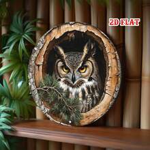 2D Flat - Round Metal Sign, Depicting An Owl Perched In A Tree Hollow, Surrounded By Green Pine Needles, Designed Specifically For Rustic Farmhouse Decor - Multicolor - View 6